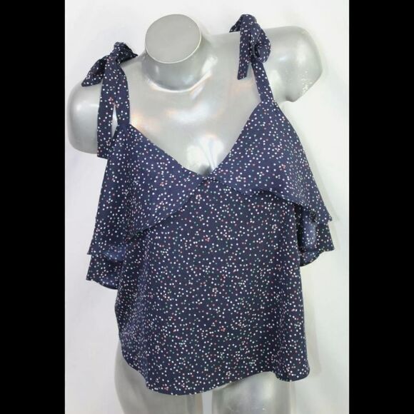 frnch Tops - FRNCH COLD SHOULDER NAVY MULTI COLORED DESIGN RUFFLE CROP BLOUSE SIZE S